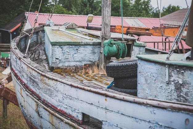 Deck of old wooden ship on the Wirksund pier in Denmark