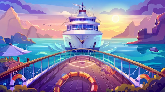 Фото Палуба или причал круизного корабля пустое судно со стеклянной балюстрадой спасательный буй зонтик деревянный пол парусная лодка в море иллюстрация в стиле мультфильмов