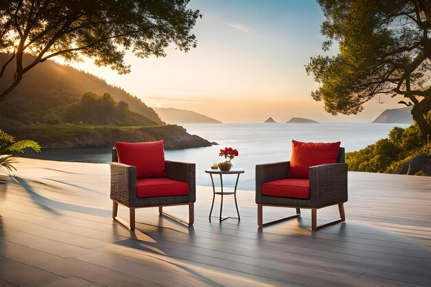 Deck with chairs and a table with a view of the ocean