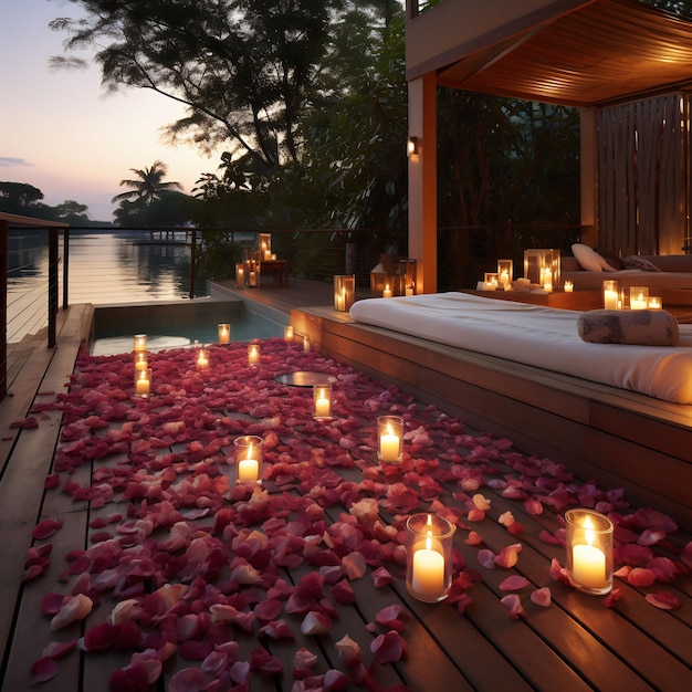 a deck with flowers and candles on it and a boat in the water