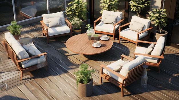 a deck with a plant and chairs and a table with a plant on it