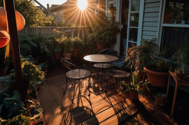 A deck with a table and chairs and plants in the background.