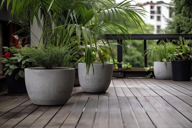 Deck with view of the garden and houseplant in concrete flowerpot