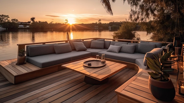 Photo a deck with a view of the lake and the sunset.