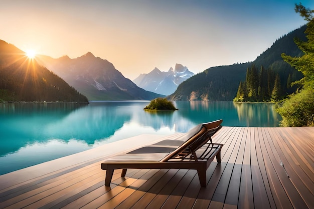 A deck with a view of a mountain range and a lounge chair.