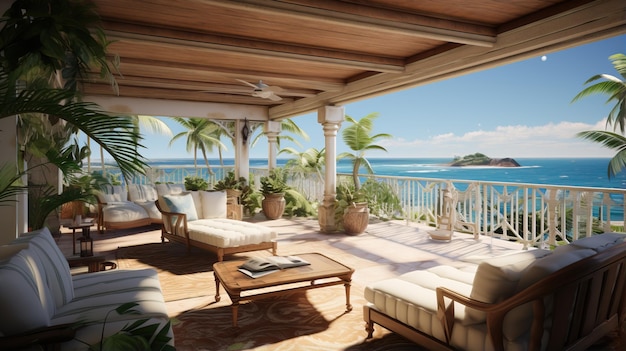 a deck with a view of the ocean and a beach