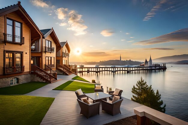 Photo a deck with a view of the ocean and a city in the background