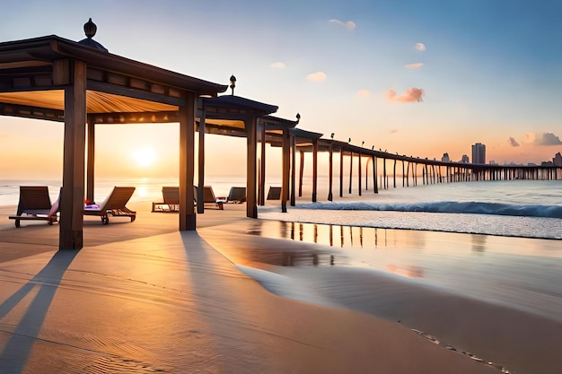 A deck with a view of the ocean and a sunset