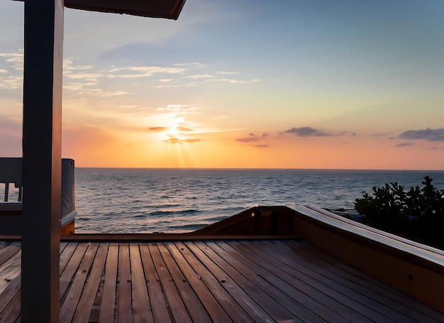 A deck with a view of the ocean and a sunset