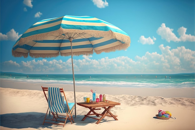 Deckchair table and parasol on sunny beach created using generative ai technology