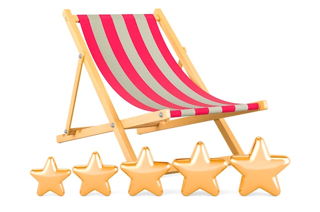 흰색 배경에 고립 된 5 개의 황금 별 3D 렌더링이있는 Deckchair