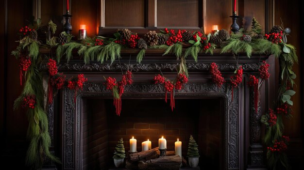 Foto mantello per camino deckedout con pigne di bacche rosse di agrifoglio fresco e calze appese