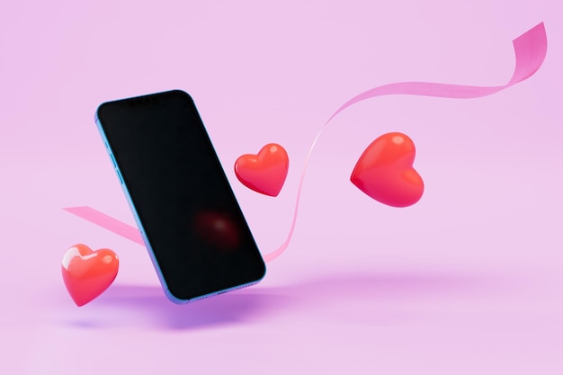 Declaration of love on the phone a smartphone around which hearts and a ribbon on pastel background