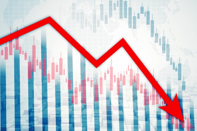 Declining arrow and candlestick with industrial port