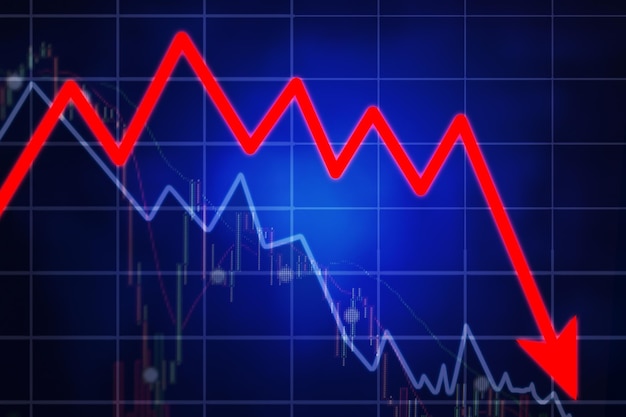 Declining red arrow with falling candlestick chart