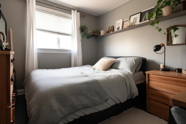 사진 제너레이티브 ai로 만든 깔끔하게 정돈된 침대와 깔끔한 옷장이 있는 정돈된 침실