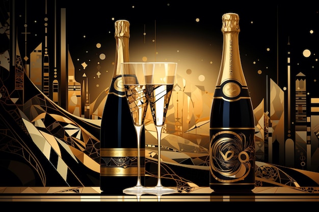 Deco Celebration Art DecoStyle Illustration of Champagne Bottle and Flute