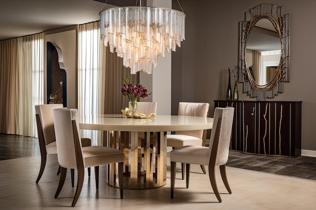 Deco dining table with crystal chandelier and matching chairs