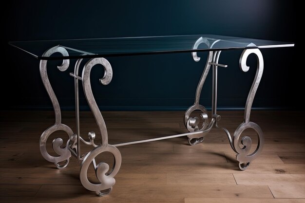 Deco table with glass top and scrolled metal legs