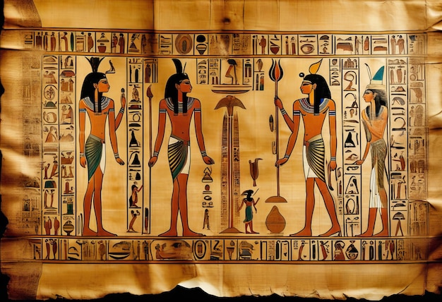 Foto decodifica degli antichi geroglifici egiziani su un parco di pergamena deteriorato