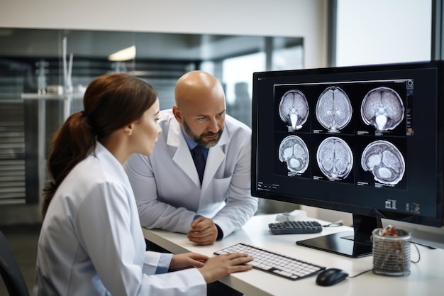 Photo decoding the mind brain research team analyzes mri and ct scans in collaborative laboratory setting