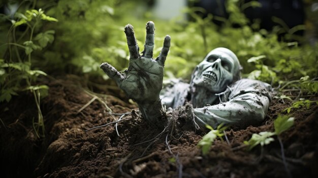 Foto una mano zombie in decomposizione emerge dalla terra le dita contorte e ricoperte di sporcizia