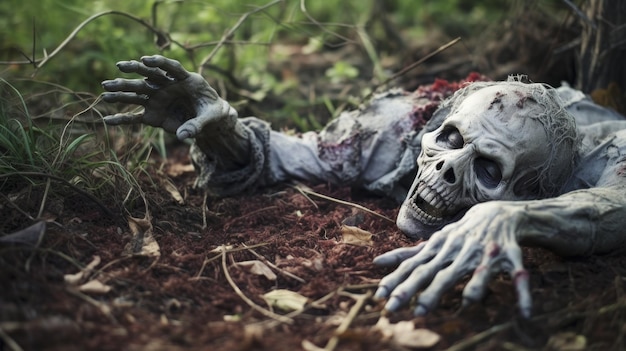 A decomposed zombie hand emerges from the earth fingers twisted and covered in grime