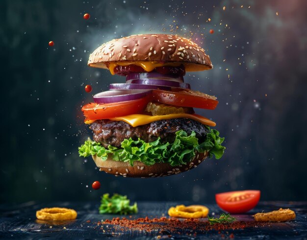 A deconstructed burger with its ingredients floating in the air showcasing fresh vegetables cheese and beef against a dark background