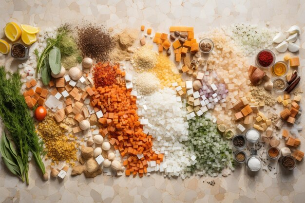 Deconstructed recipe ingredients arranged in a mosaic pattern created with generative ai