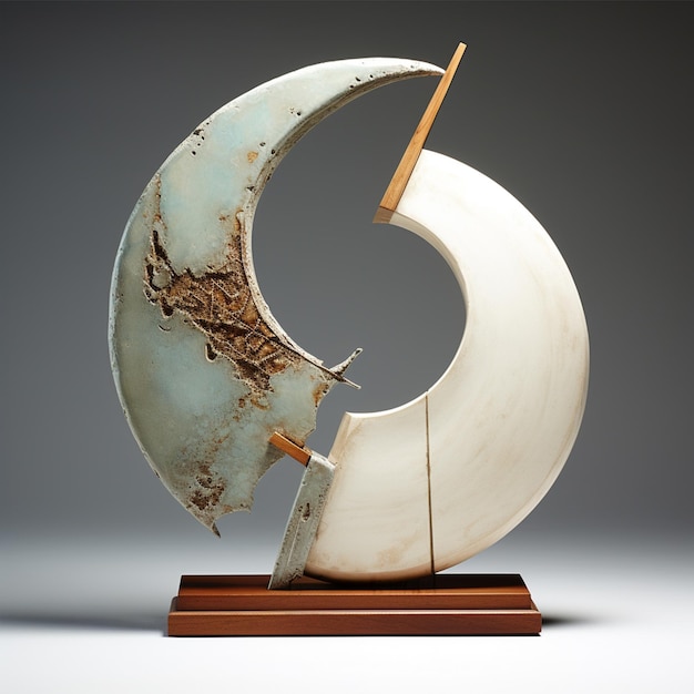 Deconstructie moderne aardewerk sculptuur onvolledige schoonheid zon maan samengestelde materialen hout