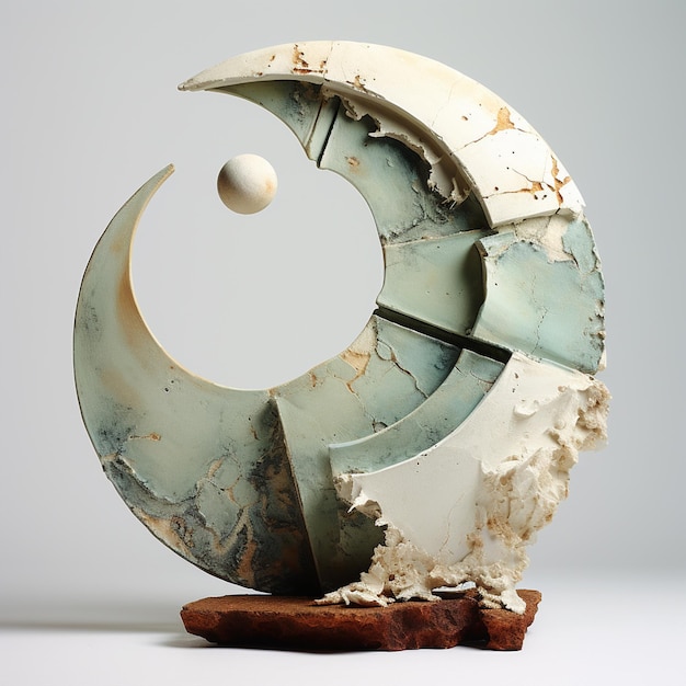 Deconstruction modern pottery sculpture incomplete beauty sun moon composite materials wood