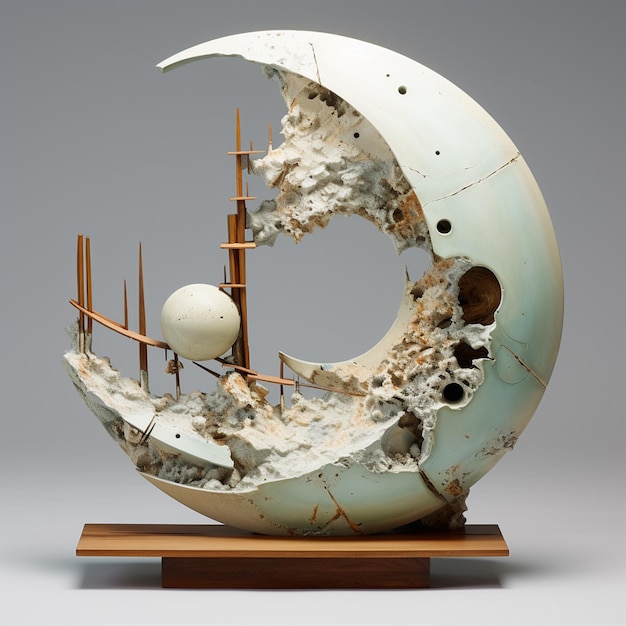 Deconstruction modern pottery sculpture incomplete beauty sun moon composite materials wood
