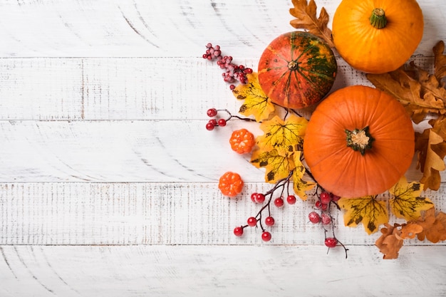 Decor from pumpkins, berries and leaves on white rustic wooden background. Concept of Thanksgiving day or Halloween. Top view festive autumn composition with copy space.