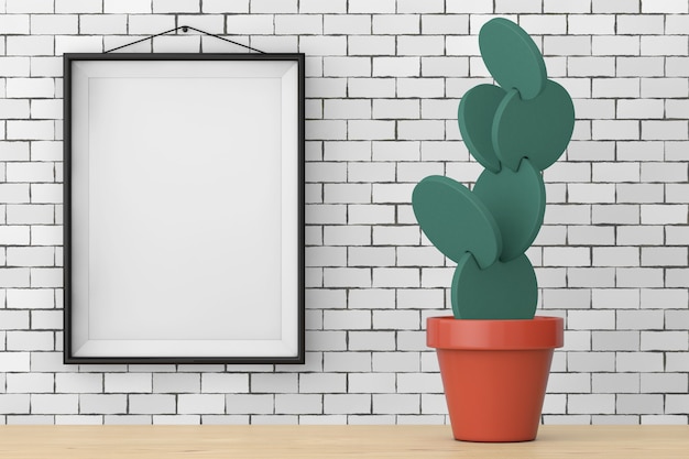 Decor kunstmatige Cartoon Cactus of Nopal imitatie in Pot voor bakstenen muur met lege Frame extreme close-up. 3D-rendering