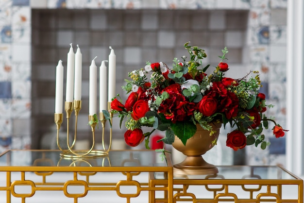 Decor of red roses and candles