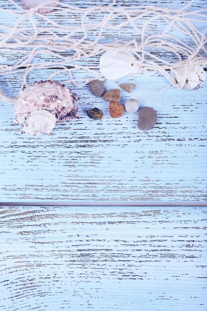Foto decorazione di conchiglie da vicino su un tavolo di legno blu