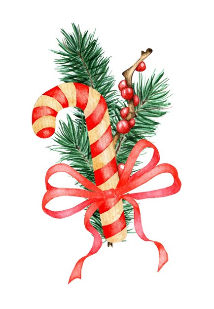 Photo decor spruce branch with caramel holly ilex and red ribbon watercolor christmas and new year