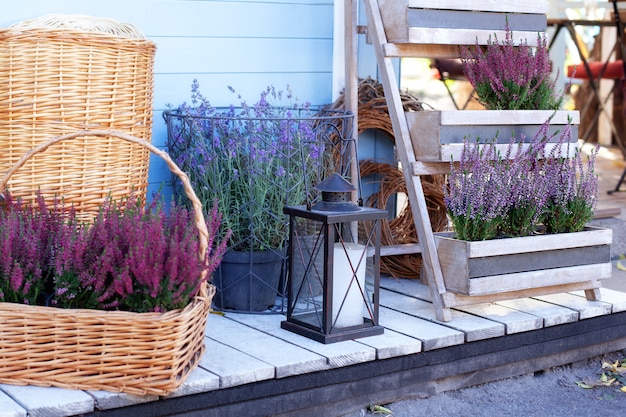 Decor terras met bloeiende plant, bloeiende heide in landhuis.