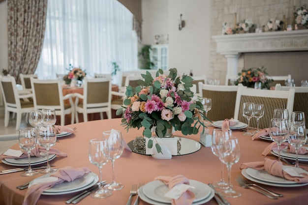 Decor of a wedding table on holiday in restaurant