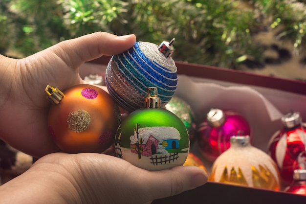 Decorate a Christmas tree vintage balls toys