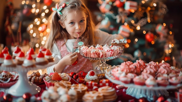 Decorate a festive table with sweets and a variety of sweet snacks against the backdrop of a girl