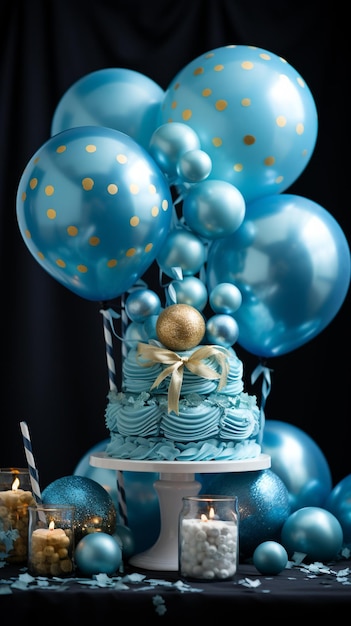 Photo decorated amazing scene with blue balloons