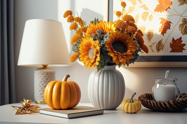 Decorated autumnal interior of a home Autumnal elements in a vase including a golden pumpkin