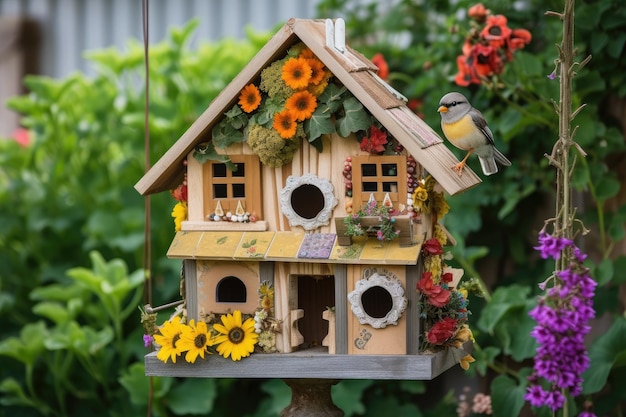 Decorated birdhouse with bright flowers and a variety of feeders created with generative ai