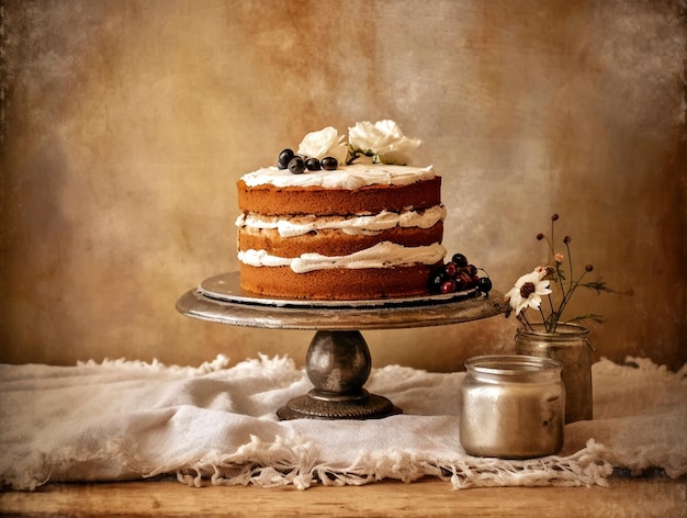 Decorated by flowers white naked cake rustic style for weddings birthdays and events ai generated