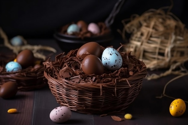 Decorated chocolate Easter eggs in brown basket on the table generative ai