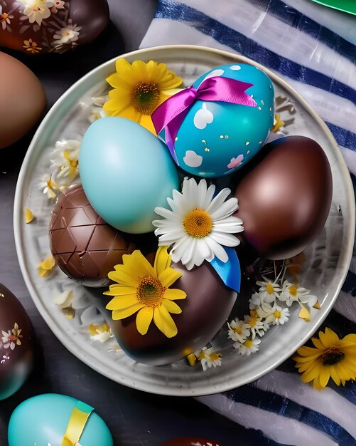 Uova di pasqua decorate con cioccolato e margherite