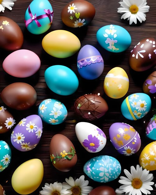 Uova di pasqua decorate con cioccolato e margherite