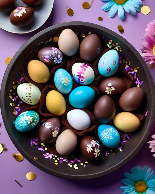 Uova di pasqua decorate con cioccolato e margherite