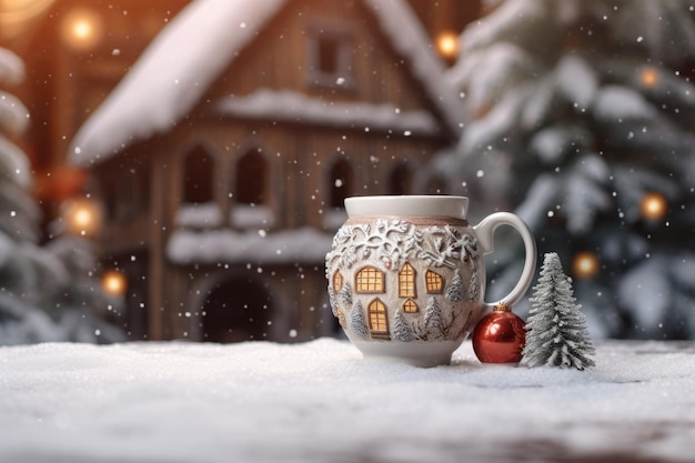 Decorated christmas coffee mug with winter forest landscape and snow Generative AI